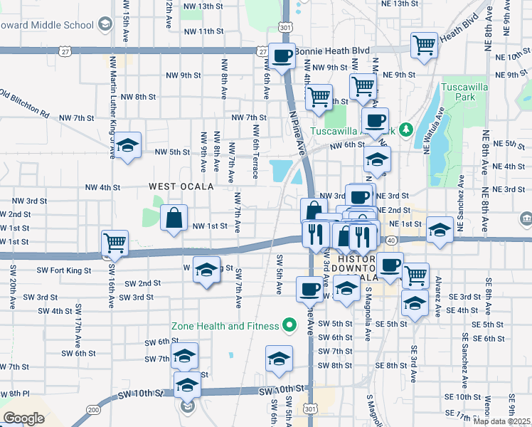 map of restaurants, bars, coffee shops, grocery stores, and more near 576 Northwest 2nd Street in Ocala