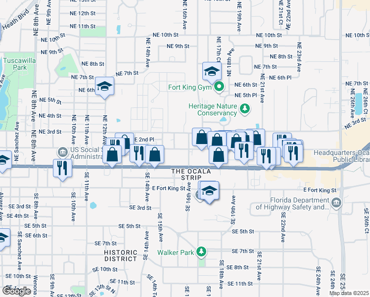 map of restaurants, bars, coffee shops, grocery stores, and more near 1531 Northeast 2nd Street in Ocala
