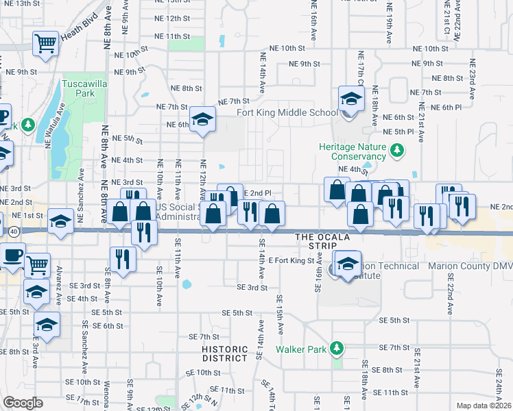 map of restaurants, bars, coffee shops, grocery stores, and more near 120 NE 14th Ave in Ocala