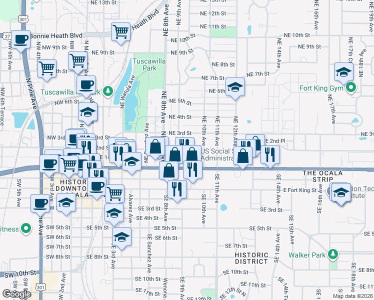 map of restaurants, bars, coffee shops, grocery stores, and more near 923 NE 2nd St in Ocala