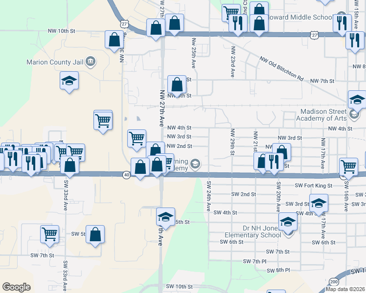 map of restaurants, bars, coffee shops, grocery stores, and more near 2537 Northwest 2nd Street in Ocala