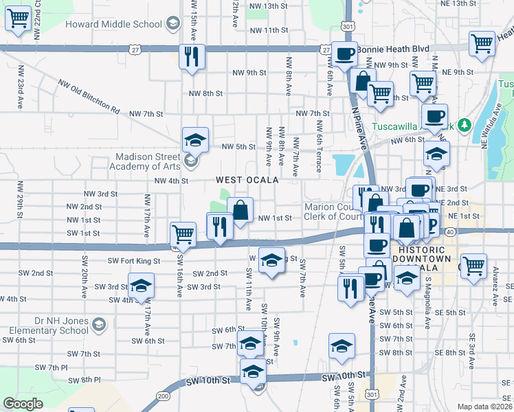 map of restaurants, bars, coffee shops, grocery stores, and more near 126 Northwest 10th Avenue in Ocala