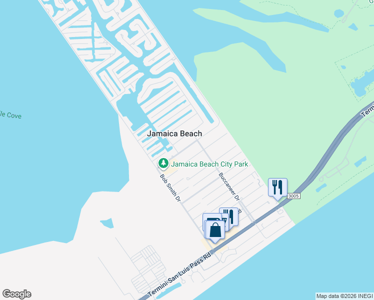 map of restaurants, bars, coffee shops, grocery stores, and more near 16623 Jolly Roger Road in Jamaica Beach