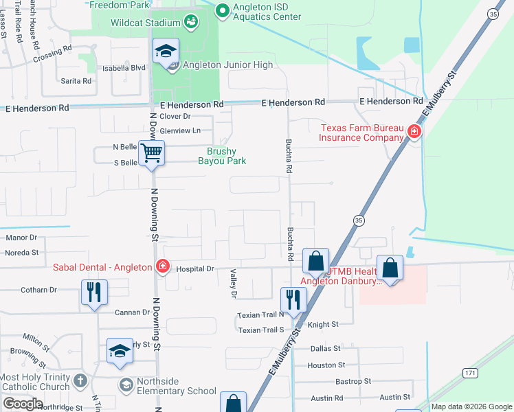 map of restaurants, bars, coffee shops, grocery stores, and more near 40 Colony Square in Angleton