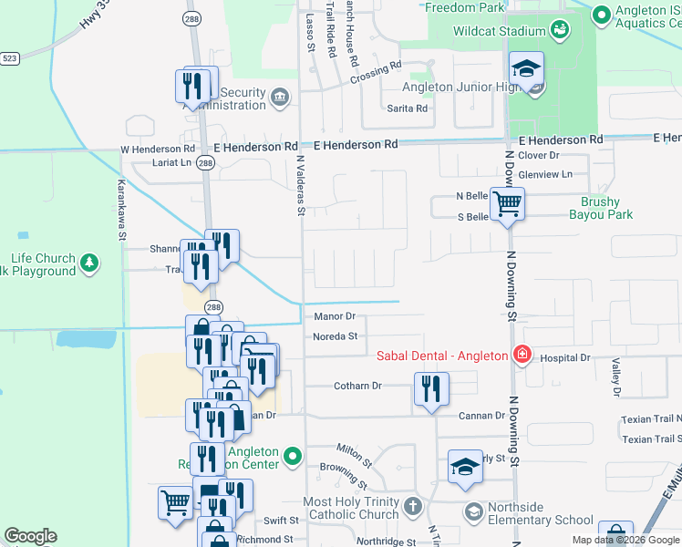map of restaurants, bars, coffee shops, grocery stores, and more near 636 South Remington Drive in Angleton