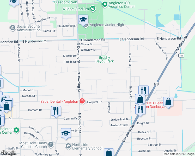 map of restaurants, bars, coffee shops, grocery stores, and more near 1308 Molina Court in Angleton