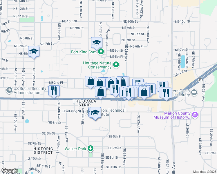 map of restaurants, bars, coffee shops, grocery stores, and more near 1817 Northeast 2nd Street in Ocala