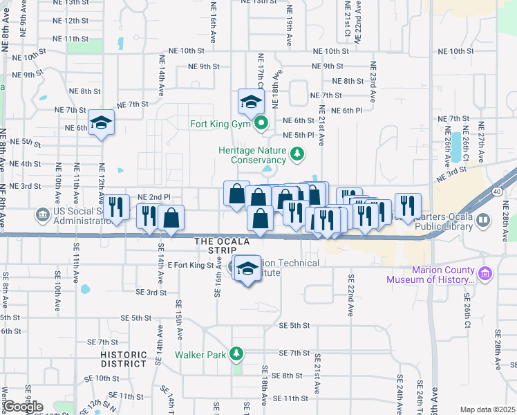 map of restaurants, bars, coffee shops, grocery stores, and more near 1727 Northeast 2nd Street in Ocala