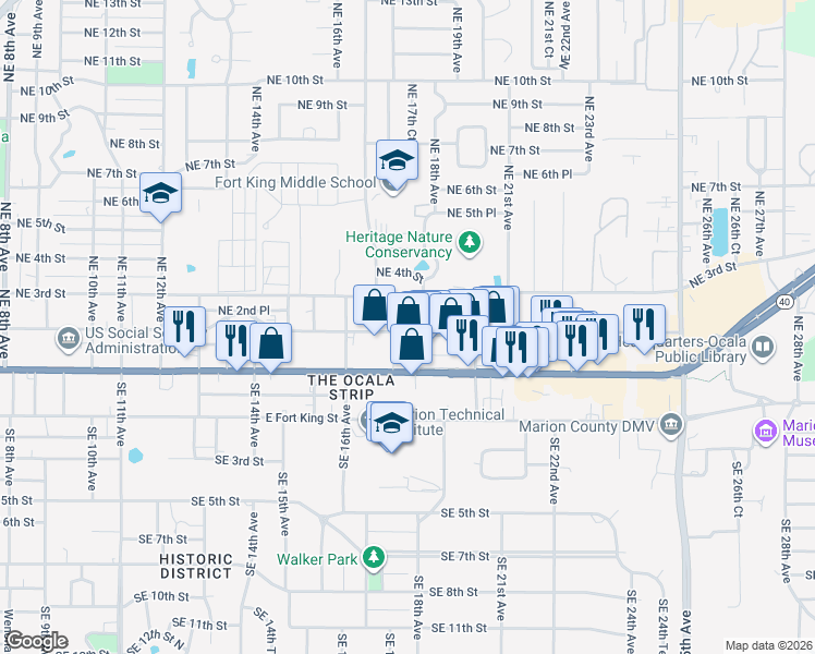 map of restaurants, bars, coffee shops, grocery stores, and more near 1727 Northeast 2nd Street in Ocala