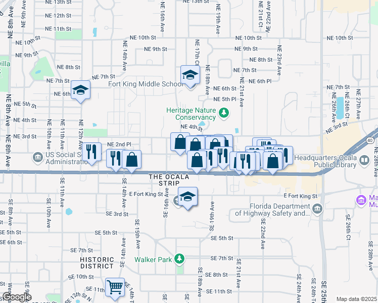 map of restaurants, bars, coffee shops, grocery stores, and more near 1727 Northeast 2nd Street in Ocala