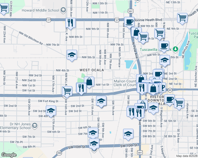 map of restaurants, bars, coffee shops, grocery stores, and more near 126 Northwest 10th Avenue in Ocala