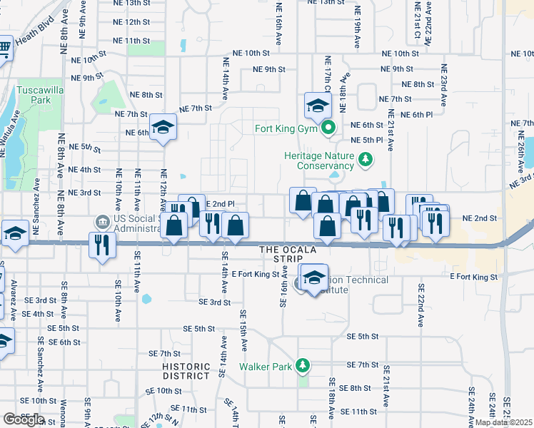 map of restaurants, bars, coffee shops, grocery stores, and more near 1531 Northeast 2nd Street in Ocala