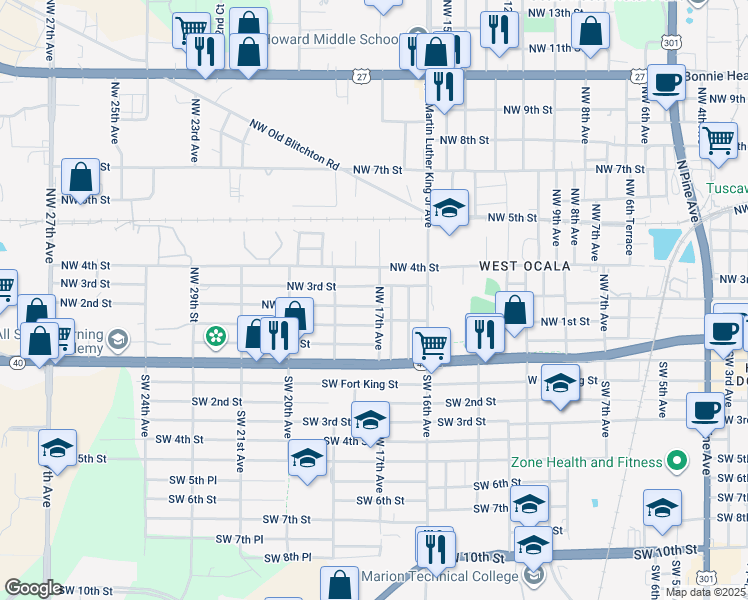 map of restaurants, bars, coffee shops, grocery stores, and more near 214 Northwest 17th Avenue in Ocala