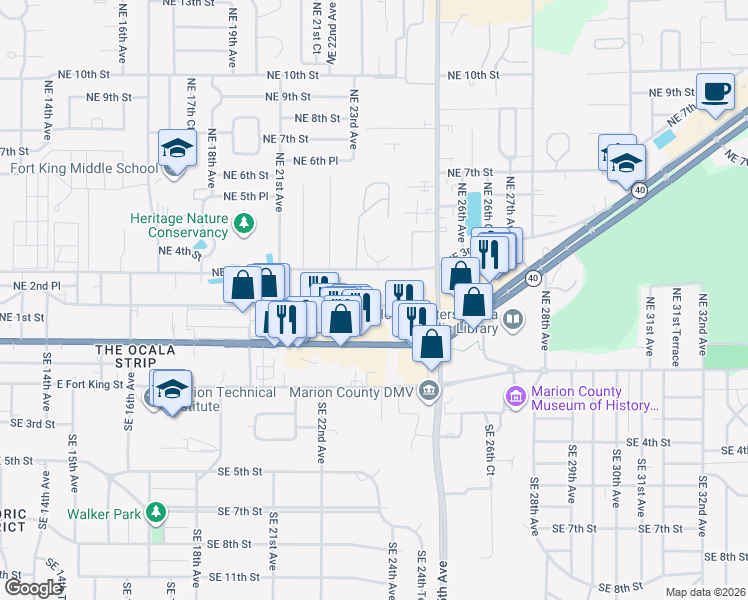 map of restaurants, bars, coffee shops, grocery stores, and more near 2339 Northeast 2nd Street in Ocala