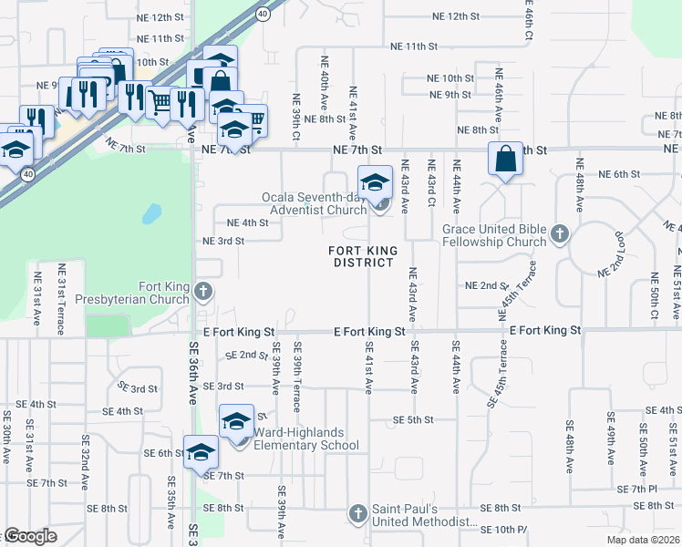map of restaurants, bars, coffee shops, grocery stores, and more near 214 Northeast 41st Avenue in Ocala