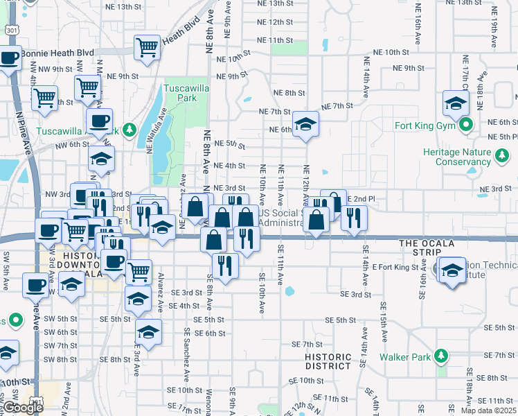 map of restaurants, bars, coffee shops, grocery stores, and more near 200-224 Northeast 10th Avenue in Ocala