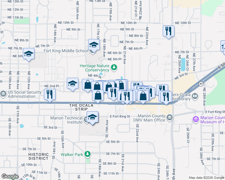 map of restaurants, bars, coffee shops, grocery stores, and more near 1933 Northeast 2nd Street in Ocala