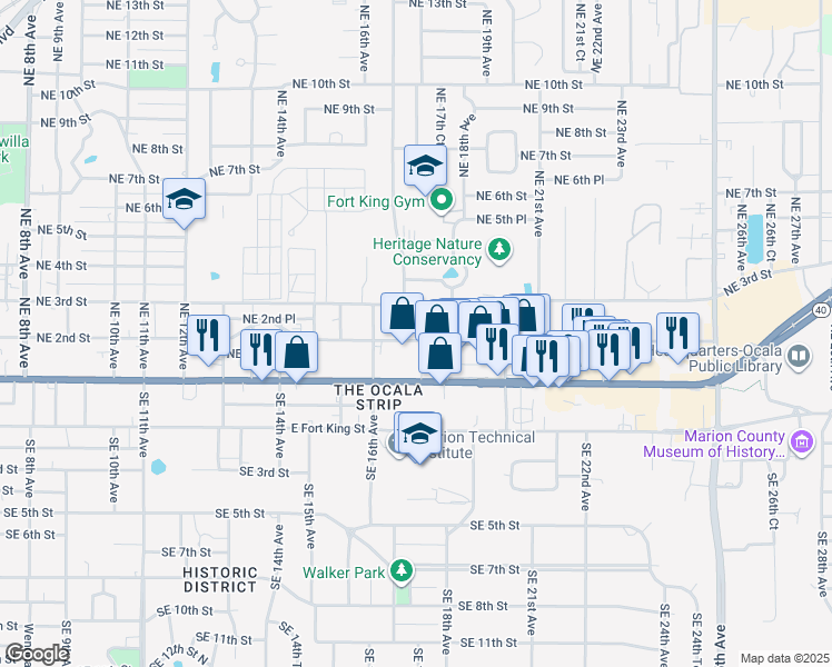 map of restaurants, bars, coffee shops, grocery stores, and more near 1727 Northeast 2nd Street in Ocala