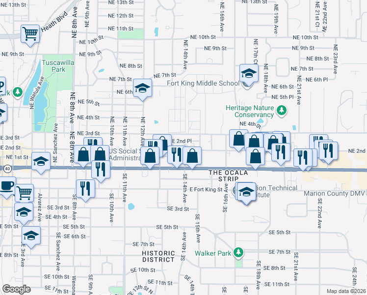 map of restaurants, bars, coffee shops, grocery stores, and more near 120 NE 14th Ave in Ocala