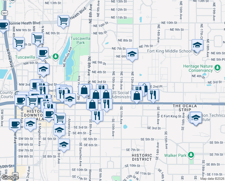map of restaurants, bars, coffee shops, grocery stores, and more near 200-224 Northeast 10th Avenue in Ocala