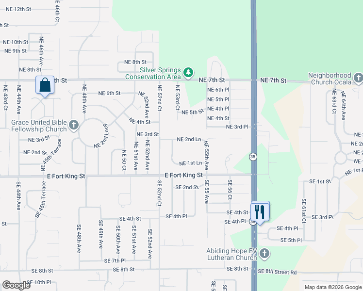 map of restaurants, bars, coffee shops, grocery stores, and more near 5340 Northeast 2nd Lane in Ocala