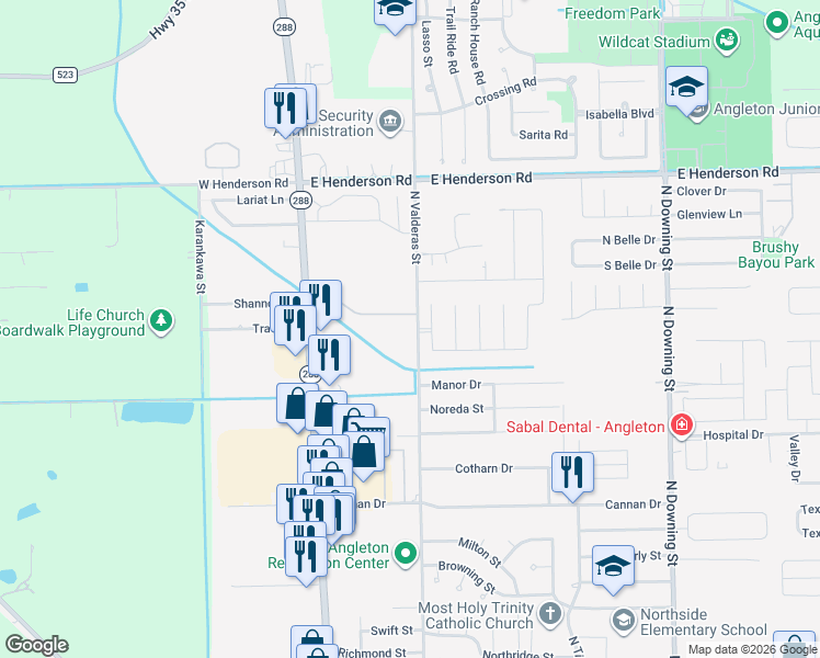 map of restaurants, bars, coffee shops, grocery stores, and more near 16 Piney Way in Angleton