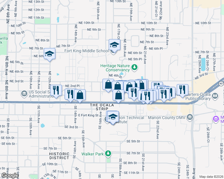 map of restaurants, bars, coffee shops, grocery stores, and more near 1727 Northeast 2nd Street in Ocala
