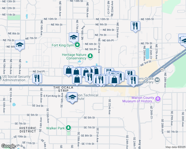 map of restaurants, bars, coffee shops, grocery stores, and more near 2017 Northeast 2nd Street in Ocala