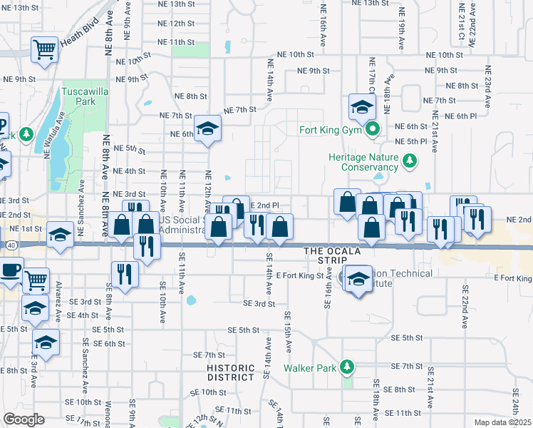 map of restaurants, bars, coffee shops, grocery stores, and more near 120 NE 14th Ave in Ocala