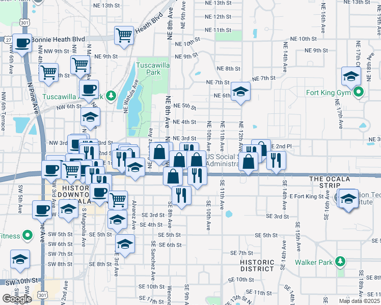map of restaurants, bars, coffee shops, grocery stores, and more near 923 Northeast 2nd Street in Ocala