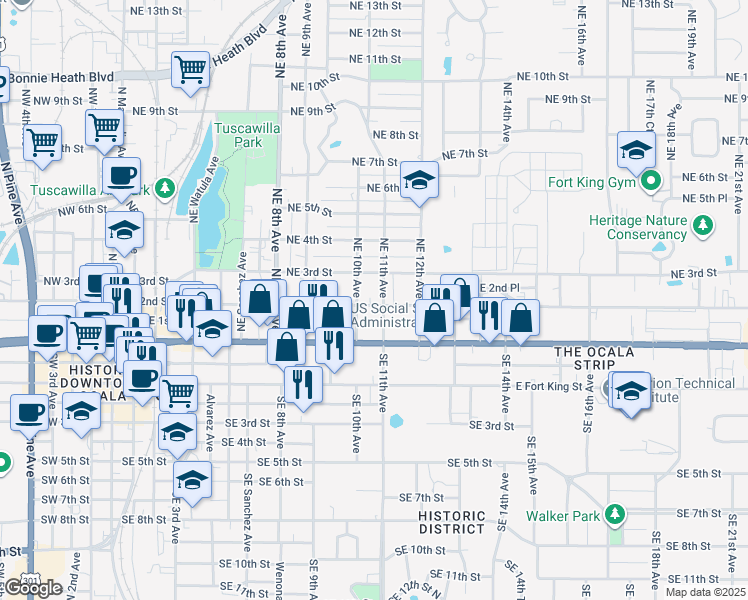 map of restaurants, bars, coffee shops, grocery stores, and more near 207 Northeast 11th Avenue in Ocala