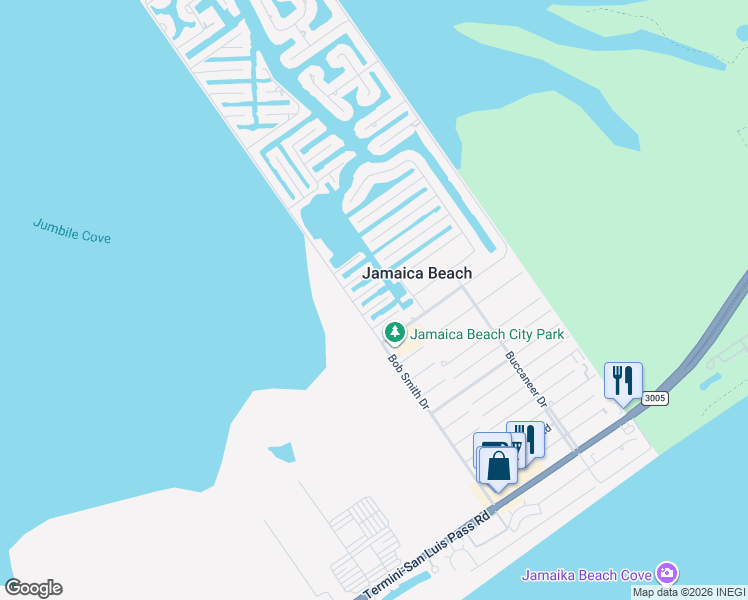 map of restaurants, bars, coffee shops, grocery stores, and more near 16712 Montego Way in Jamaica Beach