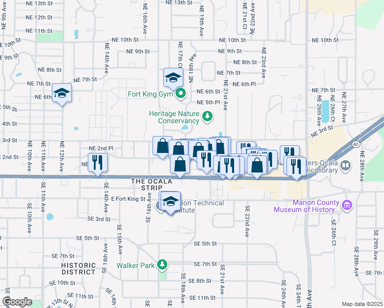 map of restaurants, bars, coffee shops, grocery stores, and more near 1817 Northeast 2nd Street in Ocala