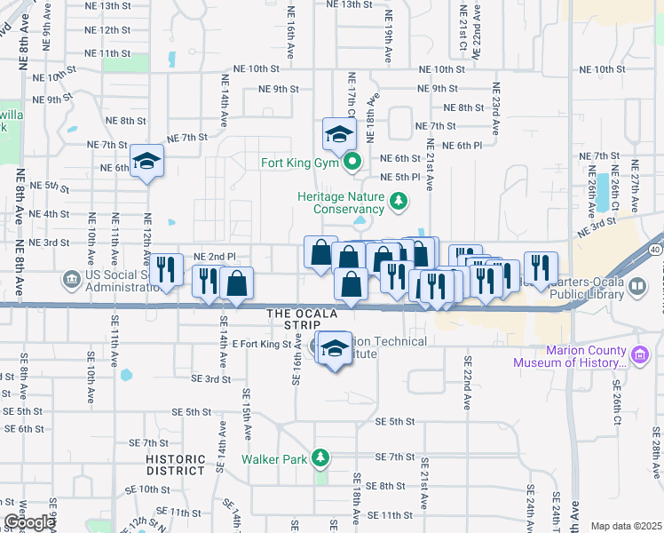 map of restaurants, bars, coffee shops, grocery stores, and more near 1727 Northeast 2nd Street in Ocala
