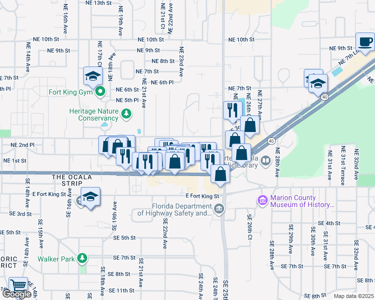 map of restaurants, bars, coffee shops, grocery stores, and more near 2281 Northeast 2nd Street in Ocala