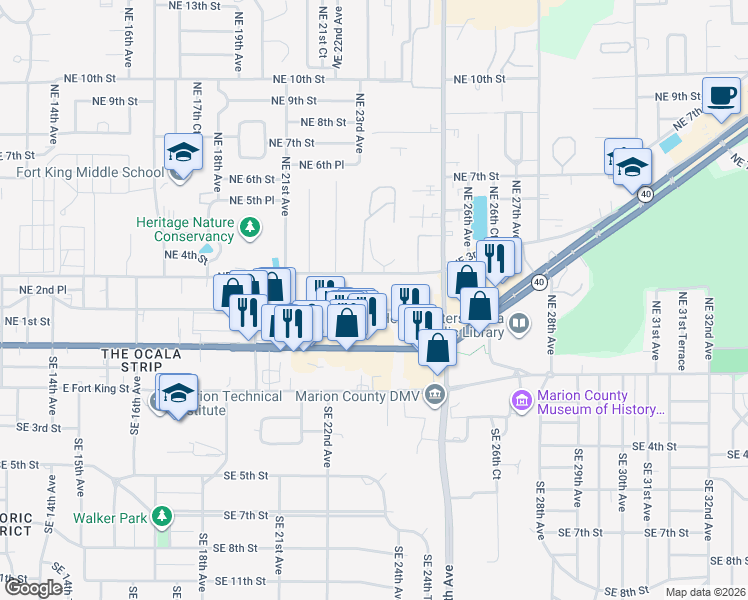 map of restaurants, bars, coffee shops, grocery stores, and more near 2223 Northeast 2nd Street in Ocala
