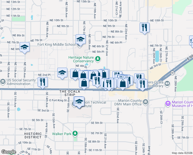 map of restaurants, bars, coffee shops, grocery stores, and more near 1933 Northeast 2nd Street in Ocala