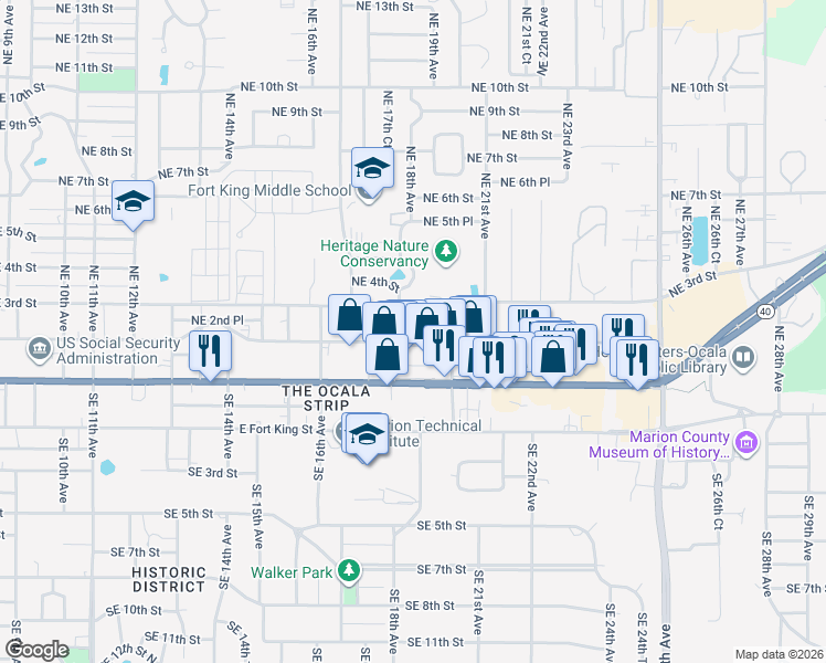 map of restaurants, bars, coffee shops, grocery stores, and more near 1817 Northeast 2nd Street in Ocala