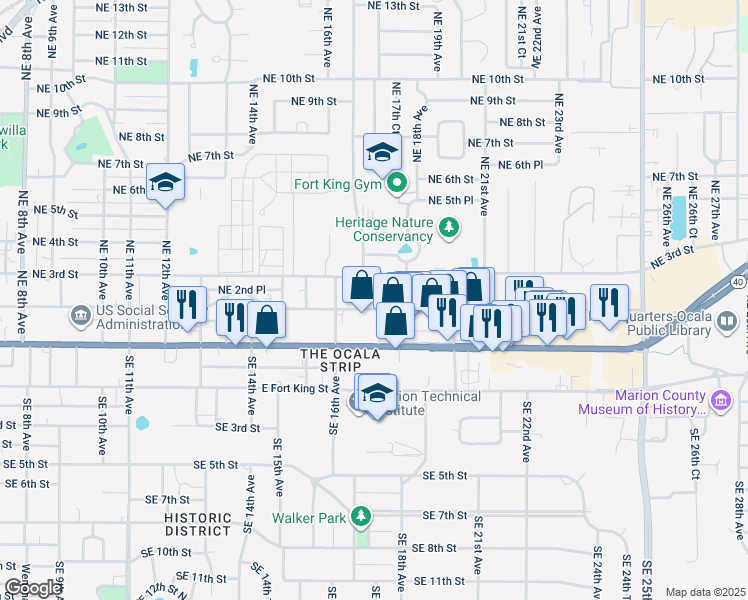 map of restaurants, bars, coffee shops, grocery stores, and more near 1727 Northeast 2nd Street in Ocala