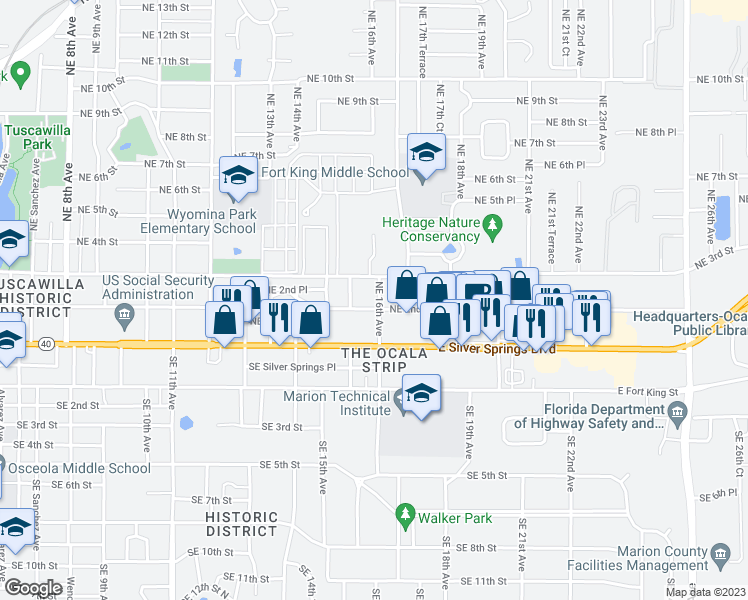 map of restaurants, bars, coffee shops, grocery stores, and more near 1621 Northeast 2nd Street in Ocala