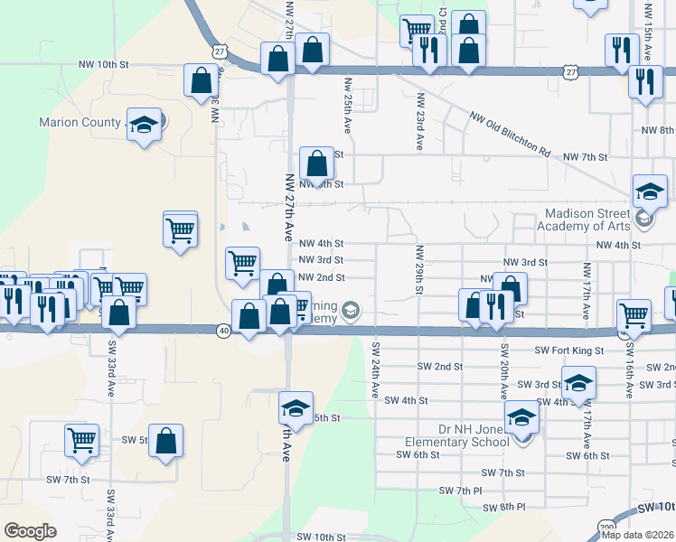 map of restaurants, bars, coffee shops, grocery stores, and more near 2537 Northwest 2nd Street in Ocala