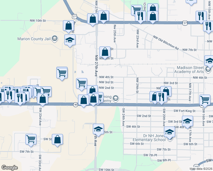 map of restaurants, bars, coffee shops, grocery stores, and more near 2537 Northwest 2nd Street in Ocala