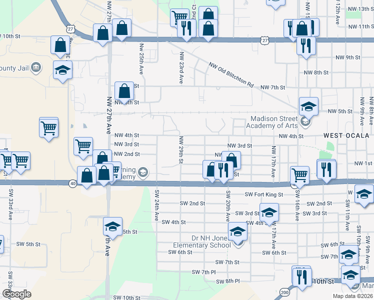 map of restaurants, bars, coffee shops, grocery stores, and more near 2251 Northwest 2nd Street in Ocala