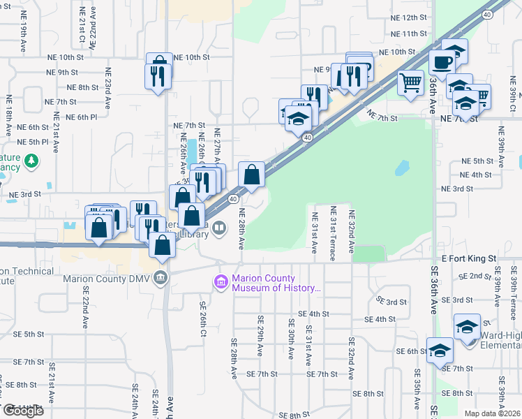 map of restaurants, bars, coffee shops, grocery stores, and more near 125 Northeast 28th Avenue in Ocala