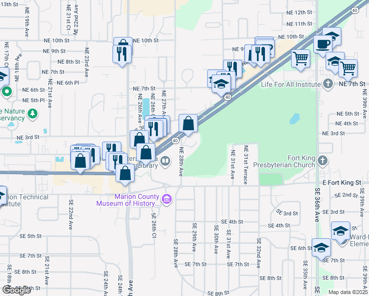 map of restaurants, bars, coffee shops, grocery stores, and more near 125 Northeast 28th Avenue in Ocala