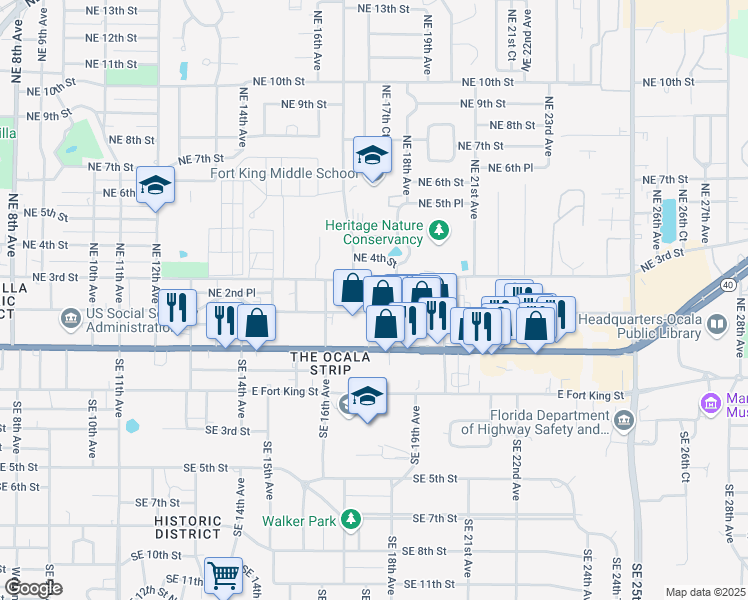 map of restaurants, bars, coffee shops, grocery stores, and more near 1727 Northeast 2nd Street in Ocala