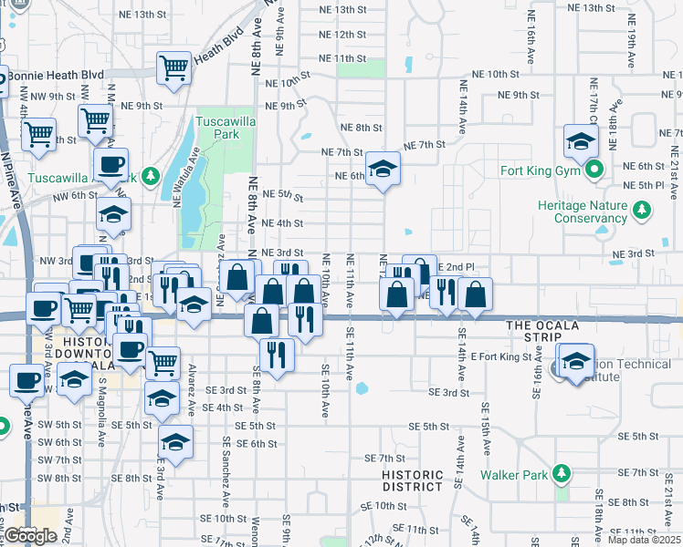 map of restaurants, bars, coffee shops, grocery stores, and more near 207 Northeast 11th Avenue in Ocala