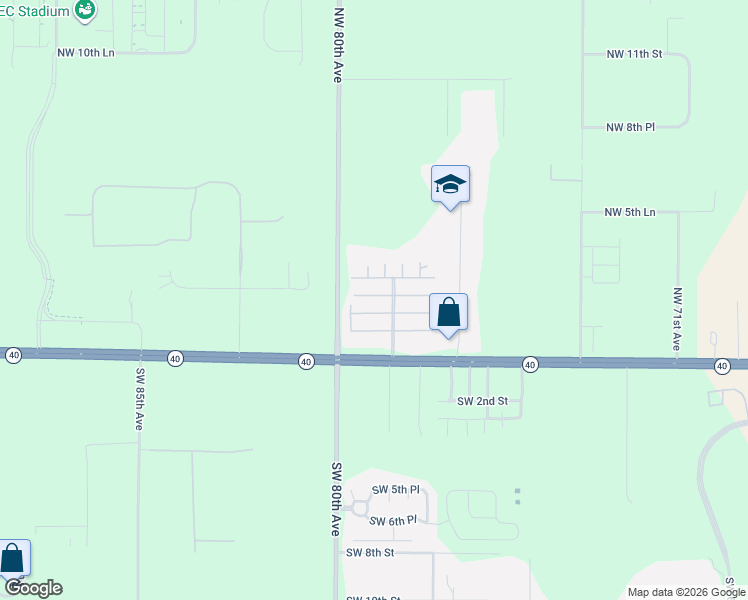 map of restaurants, bars, coffee shops, grocery stores, and more near 7865 Florida 40 in Ocala