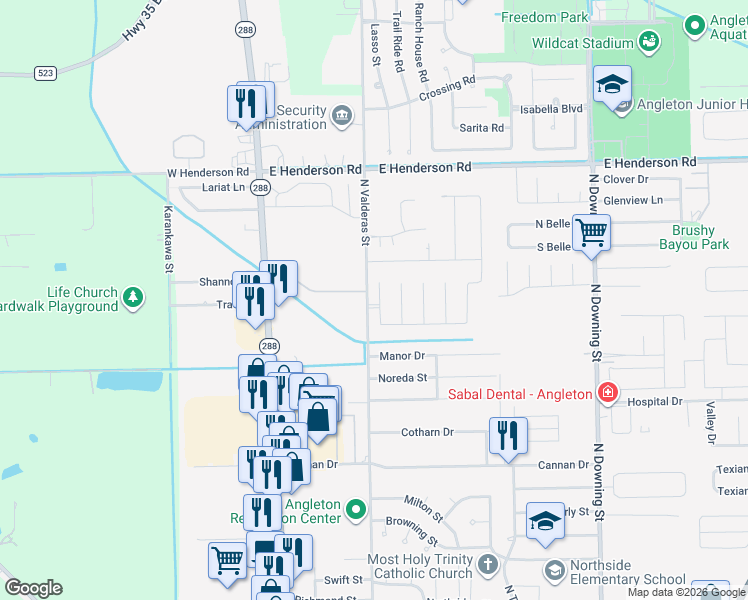 map of restaurants, bars, coffee shops, grocery stores, and more near 16 Piney Way in Angleton