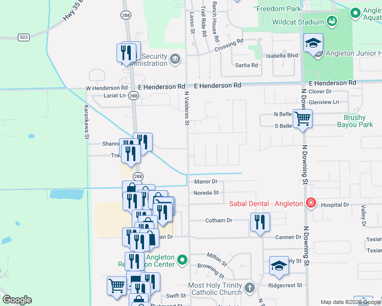 map of restaurants, bars, coffee shops, grocery stores, and more near 601 Greystone Lane in Angleton